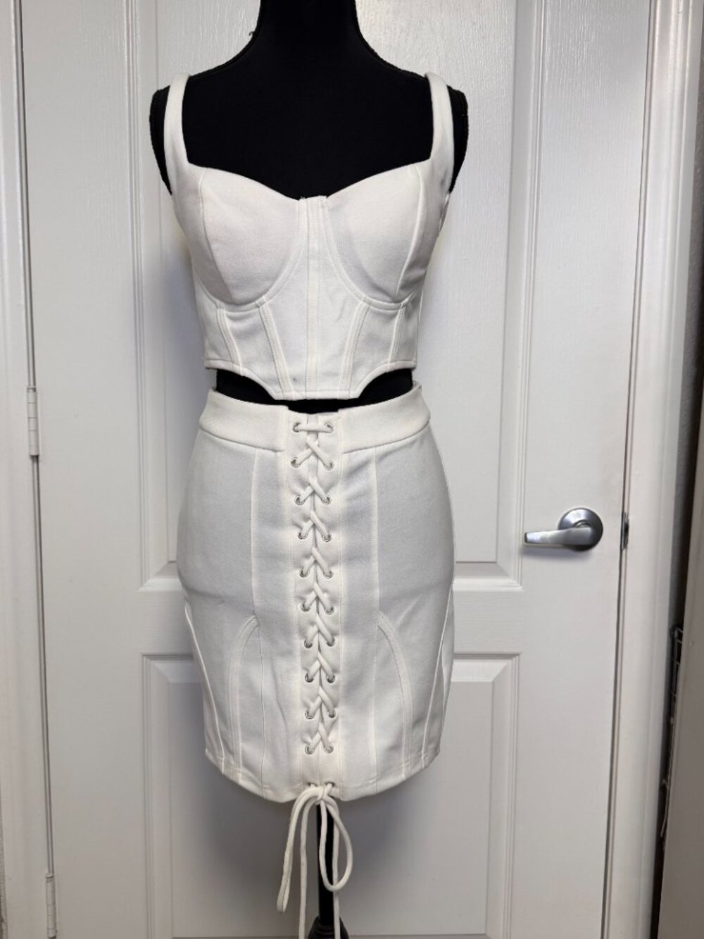 Privy White Corset Crop Top & Lace-Up Mini Skirt 2-Piece Set Size M